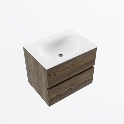 Mondiaz VICA ensemble de meuble de salle de bain - 60cm - meuble sous-vasque marron foncé gris - 2 tiroirs - lavabo lune milieu - 1 trou de robinet - version haute de 60cm - talc