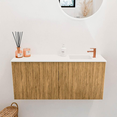 Mondiaz JOYA 90cm toiletmeubel - kleur Oak - Wastafel FAYE positie Rechts 1 kraangat kleur Talc.