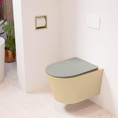 Mondiaz LAVIE hangtoilet – spoelrandloos – 36 x 53 cm – met softclose zitting – Sand (beige), zitting Smoke (lichtbruin)