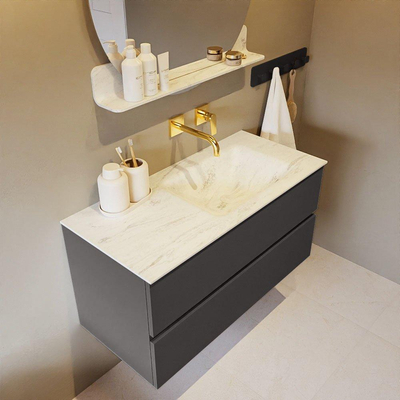 Mondiaz VICA-DLUX ensemble de meuble de salle de bain - 100cm - meuble sous-vasque gris foncé - 2 tiroirs - lavabo encastré cloud droite - sans trous de robinet - version haute de 60cm - opalo