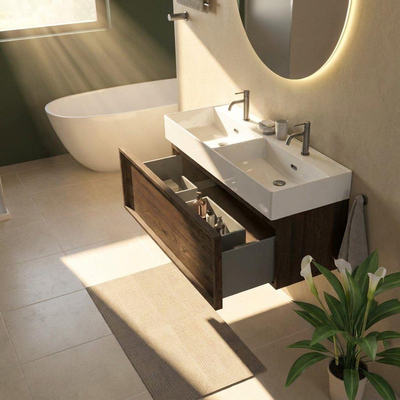 Saniclass Holz Frame Ensemble de meubles de salle de bains - 120x45x52cm - lavabo Legend en céramique blanc - 2 vasques - 2 trous de robinetterie - 1 tiroir - chêne charcoal mat (bois)