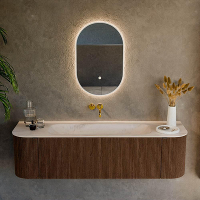 MONDIAZ KURVE-DLUX Meuble de salle de bains 160cm arrondi Gauche + Droite couleur Walnut avec 1 tiroir et 2 portes. Lavabo BIG MEDIUM Central sans trou de robinet Meli.