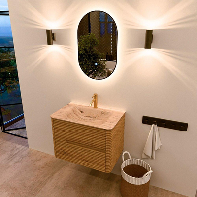 Mondiaz CIRO-DLUX Meuble de salle de bains - 70x45x50cm - Plan vasque en solid surface Arena - 1 vasque au milieu - 1 trou de robinetterie - 2 tiroirs - Chêne