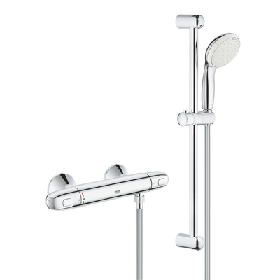 GROHE Grohtherm-1000 New Set de confort avec robinet de douche thermostatique entraxe=15cm avec raccords et barre de douche New Tempesta 60cm chrome/blanc