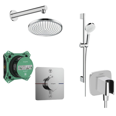 Hansgrohe ShowerSelect Douche pluie encastrable - robinet thermostatique - pommeau - Ecosmart - bras de douche - support douchette - barre curseur - flexible - Chrome