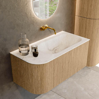 MONDIAZ KURVE-DLUX 95cm Meuble salle de bain avec module 25 G - couleur Oak - 1 tiroir - 1 porte - vasque BIG SMALL droite - sans trou de robinet - couleur Frappe