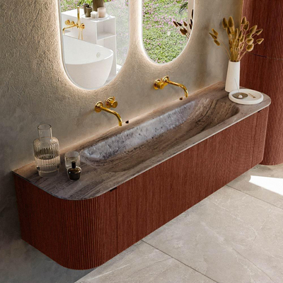 MONDIAZ KURVE-DLUX Meuble de salle de bains 170cm arrondi Gauche + Droite couleur Ruby avec 1 tiroir et 2 portes. Lavabo BIG LARGE Central sans trou de robinet Oza.