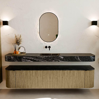 MONDIAZ THOR-DLUX 200cm meuble de salle de bains arrondi gauche + droite couleur Dusk avec 2 tiroirs et 2 portes. Vasque suspendue CLOUD Milieu sans trou de robinet couleur Lava.