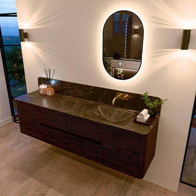 Mondiaz CIRO-DLUX Meuble de salle de bains - 180x45x50cm - Plan vasque Solid surface Lava - 1 lavabo à droite - sans trous de robinet - 4 tiroirs - Noyer