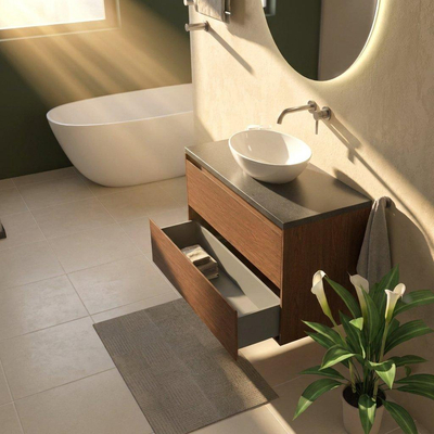 Saniclass Holz Pure Ensemble de meubles de salle de bains - 100x45x63cm - plan vasque en basalte Noche poli (noir) - sans trou de robinetterie - 2 tiroirs - walnut pure mat (bois)