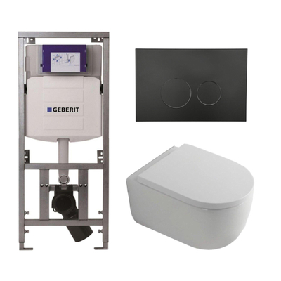 QeramiQ Dely Swirl Toiletset - 36.3x51.7cm - Geberit UP320 inbouwreservoir - met Burda frame - 35mm zitting - mat zwarte metalen bedieningsplaat - ronde knoppen - wit glans