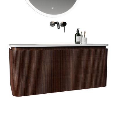 Royal Plaza Terra Edge Ensemble meuble de salle de bains - 100x44.7x46cm - vasque en solid surface blanc mat - 1 vasque - sans trou de robinet - 2 tiroirs - châtaigne (noyer)