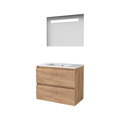 Basic-Line Economic 46 ensemble de meubles de salle de bain 80x46cm sans poignée 2 tiroirs lavabo en porcelaine 1 trou de robinetterie miroir éclairage led intégré mfc whisky oak