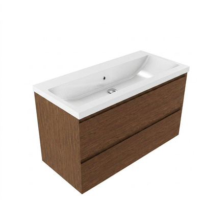 Saniclass Holz Pure Ensemble meuble de salle de bains - 100x45x63.5cm - lavabo en céramique Bari blanc - 1 vasque - sans trou de robinet - 2 tiroirs - walnut pure mat (bois)