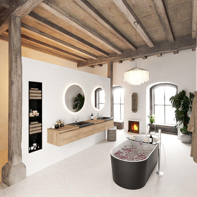MONDIAZ BUKLA 240cm badmeubel met module 60 links kleur Washed Oak met 4 lades. Wastafel CLOUD dubbel 2 kraangaten kleur Urban.