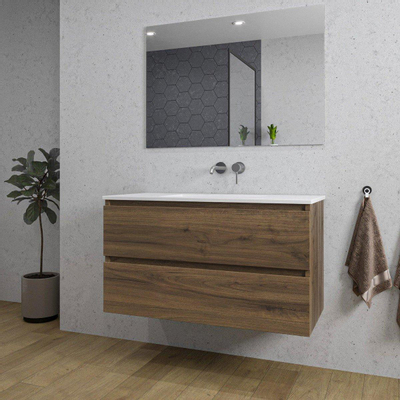 Saniclass Chaci Ensemble meuble de salle de bains - 100x46x55cm - lavabo en céramique blanc - 1 vasque - sans trous de robinet - 2 tiroirs - noyer (bois)