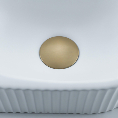 QeramiQ Fuente Ensemble de lavabo - 40x21.5x12cm - gauche - nervuré - demi-rond - 1 trou de robinet - céramique - robinet de lave-mains laiton brossé - bouchon de vidage - siphon abaissé - blanc mat