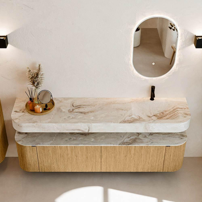 MONDIAZ THOR-DLUX Meuble de salle de bains 190cm arrondi gauche + droite couleur Oak avec 2 tiroirs et 2 portes. Vasque suspendue CLOUD Droite 1 trou de robinet couleur Frappe.