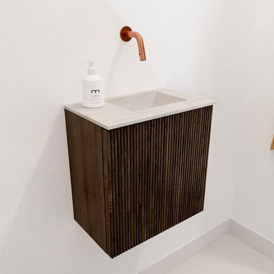 Mondiaz JOYA-DLUX 40cm toiletmeubel - kleur Walnut - Wastafel FAYE positie Rechts Zonder kraangat kleur Ostra.