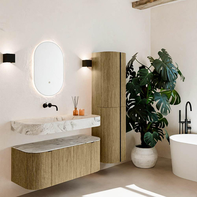 MONDIAZ THOR-DLUX Meuble de salle de bains 110cm arrondi gauche + droite couleur Dusk avec 1 tiroir et 2 portes. Vasque suspendue CLOUD Milieu sans trou de robinet couleur Glace.