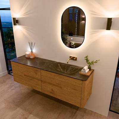 Mondiaz CIRO-DLUX Meuble de salle de bains - 170x45x50cm - Vasque solid surface Lava - 1 lavabo à droite - sans trous de robinet - 4 tiroirs - Chêne