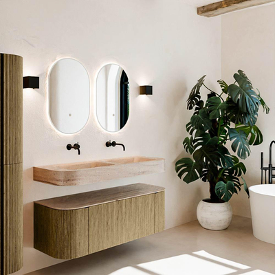 MONDIAZ THOR-DLUX 130cm meuble de salle de bains arrondi gauche + droite couleur Dusk avec 1 tiroir et 2 portes. Vasque suspendue CLOUD Double sans trou de robinet couleur Saba.