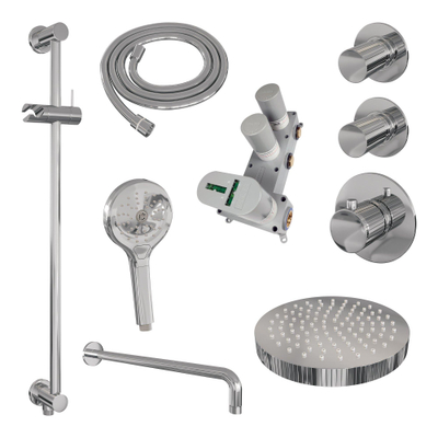 BRAUER Stripe Douche de pluie thermostatique encastrée - SET 11 - pomme de douche 25cm - bras mural courbé - douchette 3 positions - flexible de douche - barre coulissante intégrée - chrome