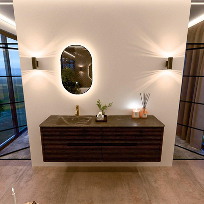 Mondiaz CIRO-DLUX Badkamermeubelset - 160x45x50cm - Solid surface wastafel Lava - 1 wasbak Links - 1 kraangat - 4 lades - Walnut