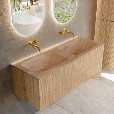 MONDIAZ KURVE-DLUX 120cm badmeubel kleur Oak met 1 lade en 0 deuren. Wastafel LEAF Dubbel zonder kraangat Saba.