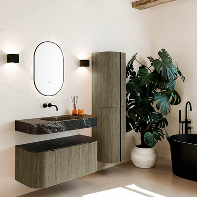 MONDIAZ THOR-DLUX 100cm meuble de salle de bains arrondi gauche + droite couleur Shadow avec 1 tiroir et 2 portes. Vasque suspendue CLOUD Milieu sans trou de robinet couleur Lava.