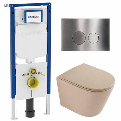 QeramiQ Dely Toiletset - 36.3x51.7cm - Geberit UP720 Duofix Sigma inbouwreservoir - rimless - diepspoel - zitting - softclose - bedieningsplaat steel - ronde knoppen - mat beige
