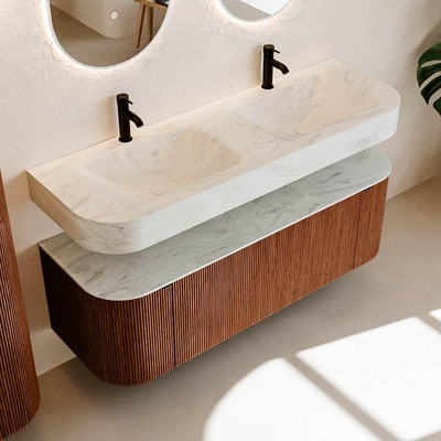 MONDIAZ THOR-DLUX Meuble de salle de bains 140cm arrondi gauche + droite couleur Ruby avec 1 tiroir et 2 portes. Vasque suspendue CLOUD Double 2 trous de robinet couleur Opalo.