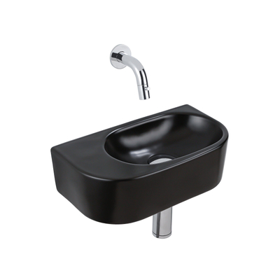 QeramiQ Fuente Fonteinset - 40x21.5x12cm - glad - halfrond - keramiek - fonteinkraan chroom - afvoerplug - verlaagd sifon - zwart mat