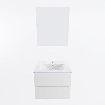 Mondiaz VICA ensemble de meuble de salle de bain - 60cm - meuble sous-vasque talc - 2 tiroirs - lavabo denia milieu - 1 trou de robinet - couleur Blanc Brillant - miroir LED - version XL 60cm haut