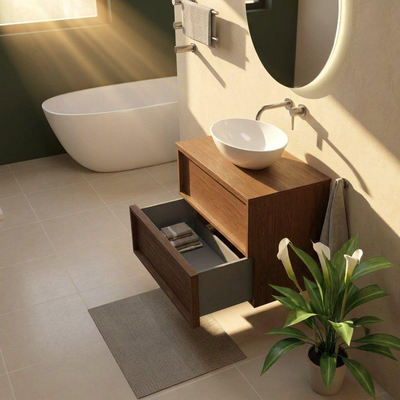 Saniclass Holz Frame Ensemble meuble de salle de bains - 80x45x62cm - plan de toilette en bois - sans trou de robinetterie - 2 tiroirs - walnut pure mat (bois)