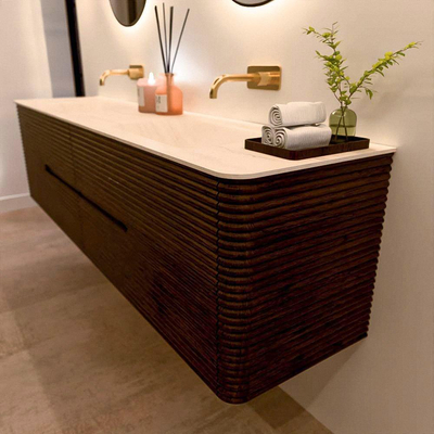 Mondiaz CIRO-DLUX Badkamermeubelset - 190x45x50cm - Solid surface wastafel Meli - 2 wasbak Dubbel - zonder kraangaten - 4 lades - Walnut