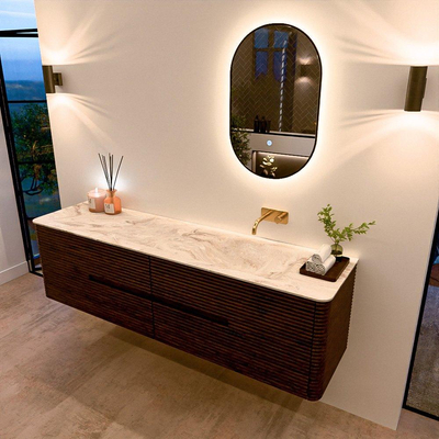 Mondiaz CIRO-DLUX Badkamermeubelset - 180x45x50cm - Solid surface wastafel Frappe - 1 wasbak Rechts - zonder kraangaten - 4 lades - Walnut