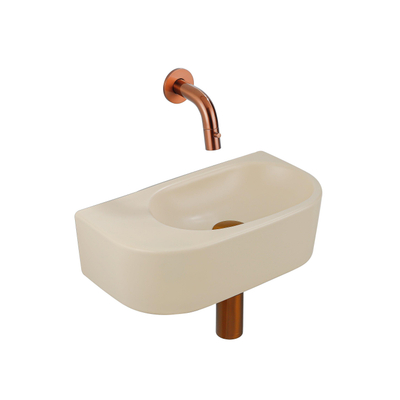QeramiQ Fuente Fonteinset - 40x21.5x12cm - glad - halfrond - zonder kraangat - keramiek - fonteinkraan geborsteld koper - afvoerplug - verlaagd sifon - beige