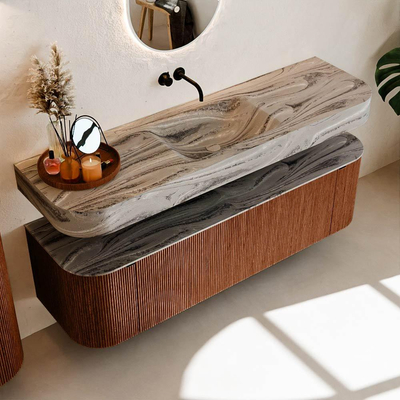 MONDIAZ THOR-DLUX 160cm meuble de salle de bains arrondi gauche + droite couleur Ruby avec 1 tiroir et 2 portes. Vasque suspendue CLOUD Milieu sans trou de robinet couleur Sombra.