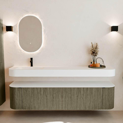 MONDIAZ THOR Meuble de salle de bains 190cm arrondi gauche + droite couleur Shadow avec 2 tiroirs et 2 portes. Vasque suspendue CLOUD Gauche 1 trou de robinet couleur Talc.