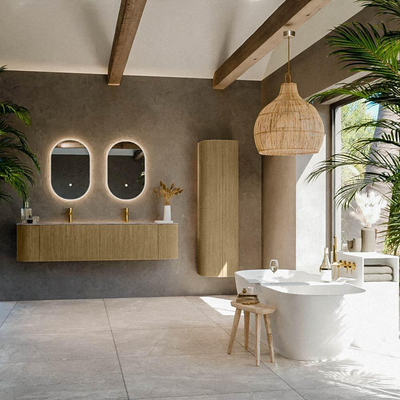 MONDIAZ KURVE-DLUX meuble de salle de bains 180cm arrondi gauche + droite couleur Dusk avec 2 tiroirs et 2 portes. Lavabo LEAF double 2 trous de robinet Oza.