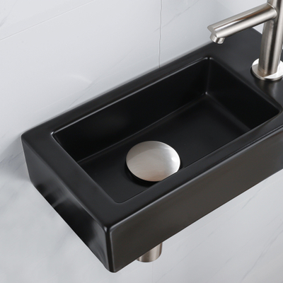 QeramiQ Lave-mains Kit lave-mains - 37.5x18.5x9cm - céramique - trou de robinet à droite - robinet lave-mains en inox brossé - bonde de vidage - siphon abaissé - Mat Noir