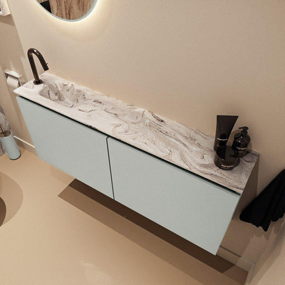 MONDIAZ TURE-DLUX Meuble de toilettes 120cm Greey. Lavabo EDEN Glace position gauche. Avec 1 trou de robinet.