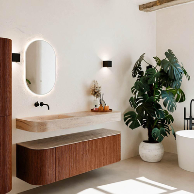 MONDIAZ THOR-DLUX 150cm meuble de salle de bains arrondi gauche + droite couleur Ruby avec 1 tiroir et 2 portes. Vasque suspendue CLOUD Gauche sans trou de robinet couleur Saba.