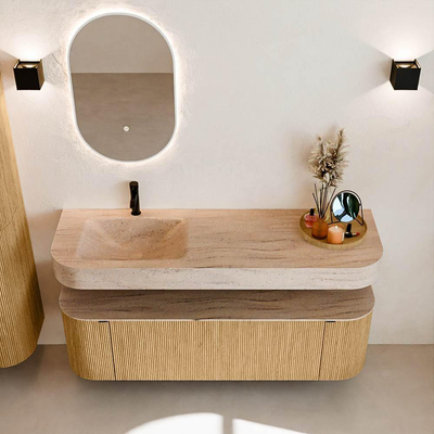 MONDIAZ THOR-DLUX 150cm badmeubel ronding links + rechts kleur Oak met 1 lade en 2 deuren. Vrijhangende wastafel CLOUD Links 1 kraangat kleur Saba.