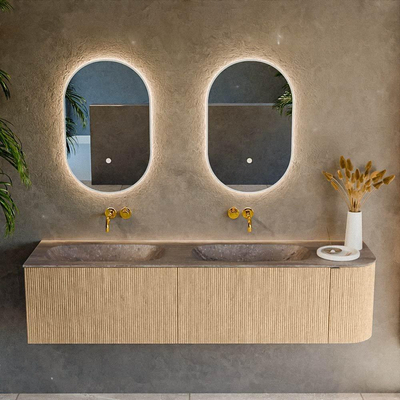 MONDIAZ KURVE-DLUX 175cm badmeubel ronding Rechts kleur Oak met 2 lades en 1 deur. Wastafel STOR SMALL Dubbel / Links zonder kraangat Oza.