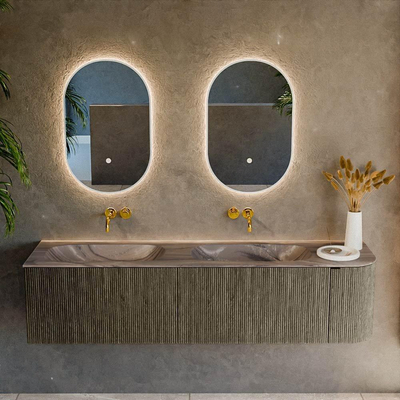 MONDIAZ KURVE-DLUX 175cm meuble de salle de bains arrondi Droite couleur Shadow avec 2 tiroirs et 1 porte. Lavabo STOR SMALL Double / Gauche sans trou de robinet Sombra.