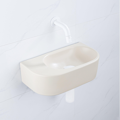 QeramiQ Fuente Ensemble de Lavabo - 40x21.5x12cm - lisse - demi-rond - sans trou pour robinet - céramique - ensemble de robinet blanc mat - bouchon de vidange - siphon abaissé - beige