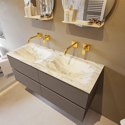 Mondiaz VICA-DLUX ensemble de meuble de salle de bain - 120cm - meuble sous-vasque fumée - 4 tiroirs - lavabo encastré nuage double - sans trous de robinet - version haute 60cm - glace