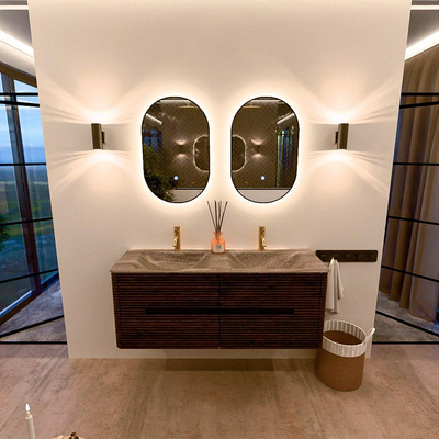 Mondiaz CIRO-DLUX Meuble de salle de bains - 130x45x50cm - Plan vasque solid surface Oza - 2 vasques double - 2 trous pour robinet - 4 tiroirs - Noyer